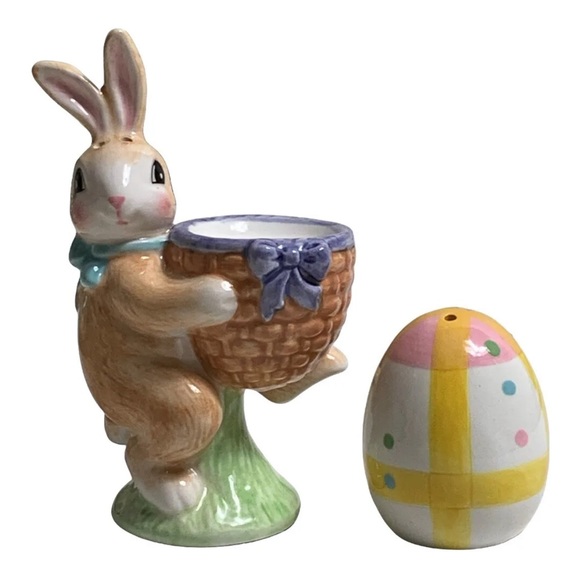 Fitz And Floyd Easter Bunny Rabbit A Good Egg Salt Pepper Shakers Serving Plate - Picture 4 of 9